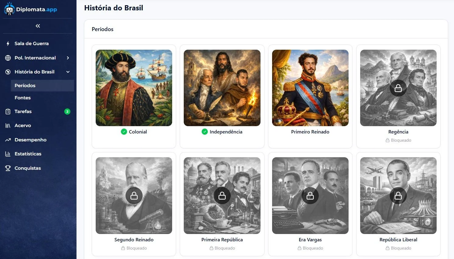 Tela de Períodos da Diplomata.app — 11 períodos históricos do edital cobertos pela bibliografia